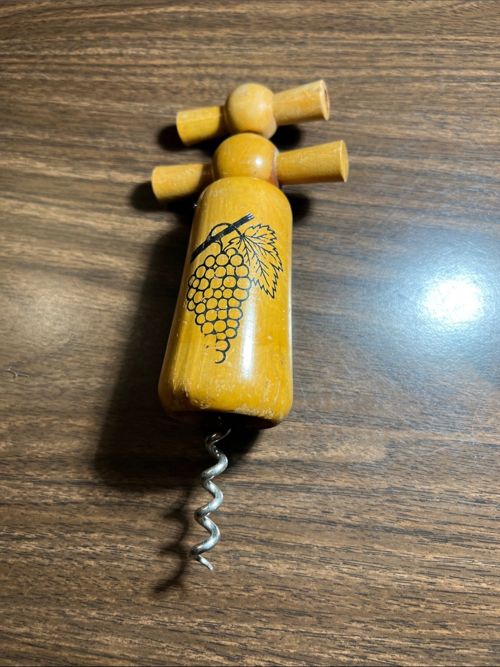 Vintage French Wooden Grape Cluster Corkscrew - Yellow-Tan